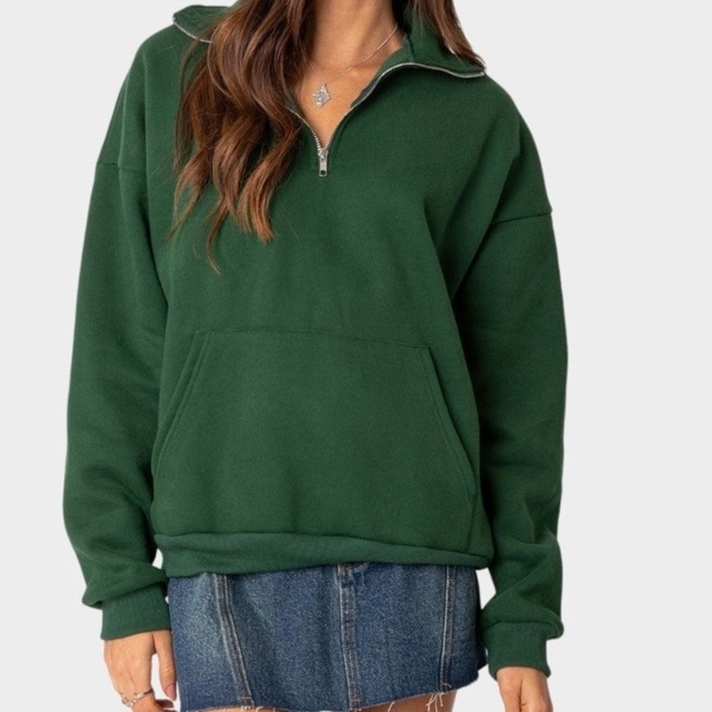 Edikted Dark Green Cowl Neck 1/4 Zip Sweatshirt Size Medium